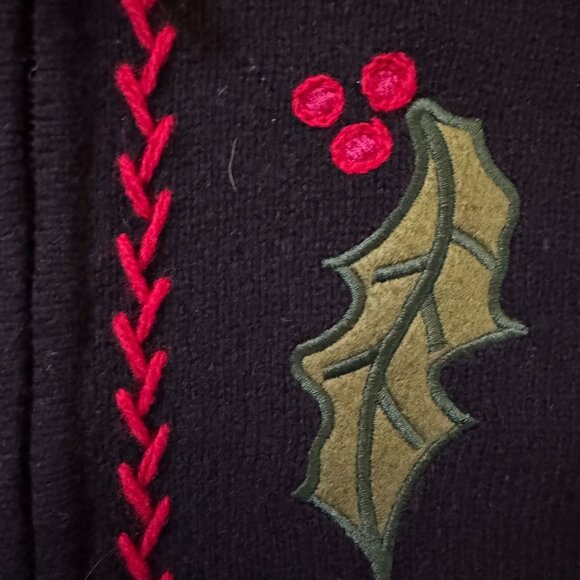 Charter Club Christmas Sweater Womens MP Lambswool Black Holly Embroidery‎ Zip - Picture 2 of 7